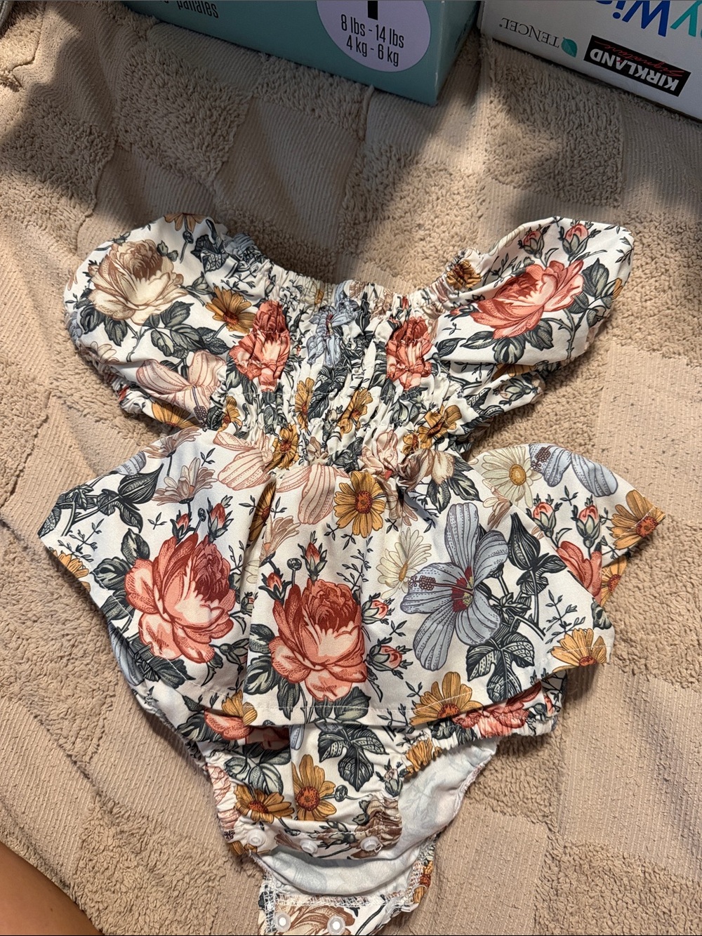 Floral Ruffled Baby One-Piece Bodysuit - Cream with Coral & Mustard Flowers